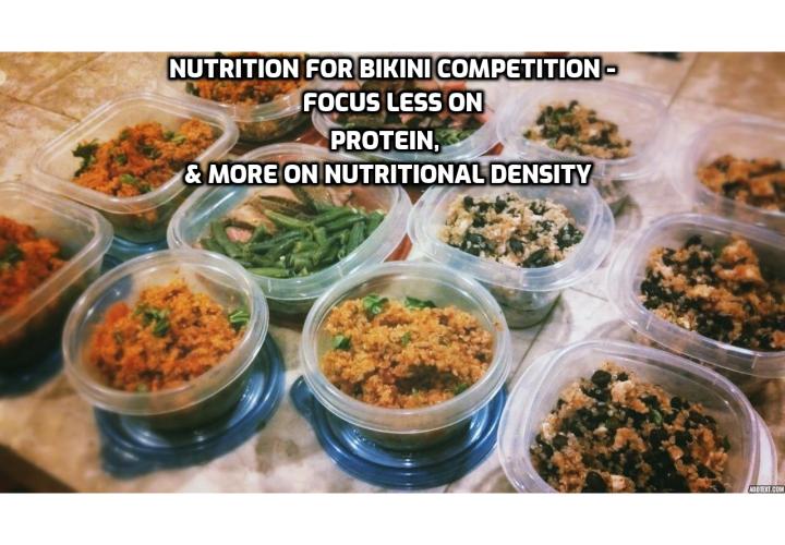 Nutrition for Bikini Competition - Bikini competitors have to diet and exercise in the months leading up to a competition. A competitor reveals what she ate every day ahead of the competition. Her diet consisted of oats with a scoop of protein powder, green veggies with tofu or black bean burger, avocados, pinto beans, spoonfuls of peanut butter and 2 more protein shakes